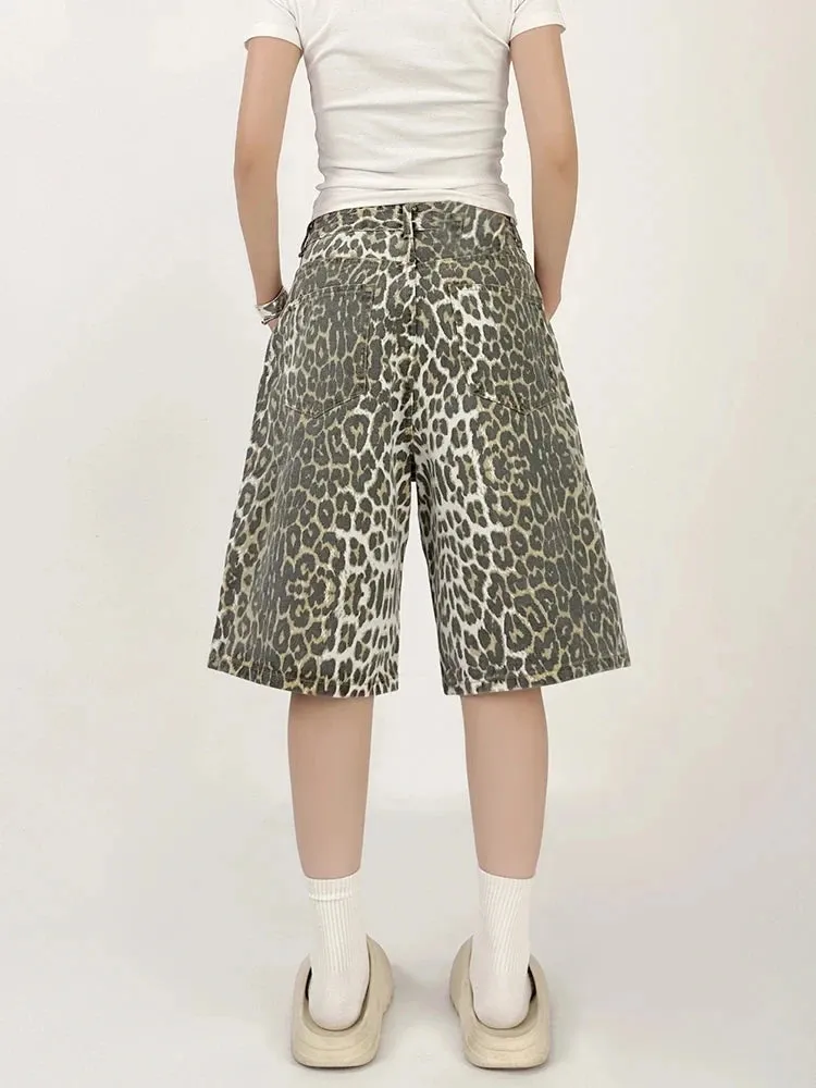 Women Leopard Print Jean Shorts High Waist Vintage Straight Pants Streetwear Y2K Wide Leg Denim Trouser