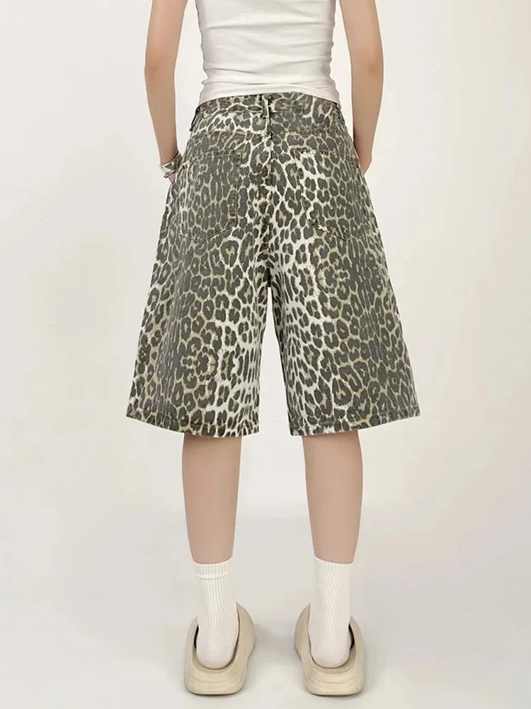 Women Leopard Print Jean Shorts High Waist Vintage Straight Pants Streetwear Y2K Wide Leg Denim Trouser