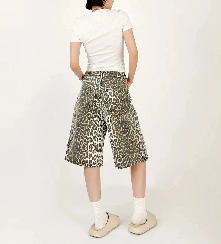 Women Leopard Print Jean Shorts High Waist Vintage Straight Pants Streetwear Y2K Wide Leg Denim Trouser