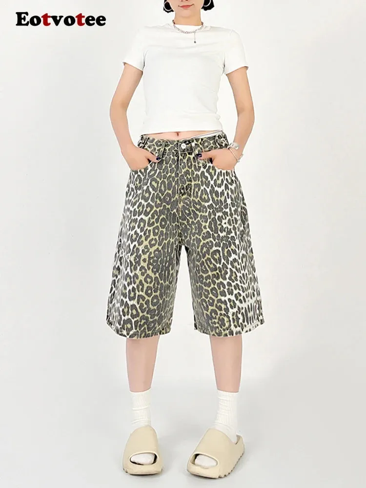 Women Leopard Print Jean Shorts High Waist Vintage Straight Pants Streetwear Y2K Wide Leg Denim Trouser