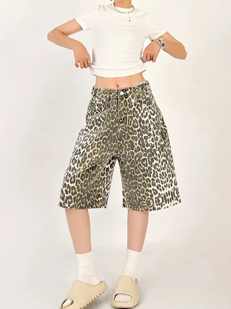 Women Leopard Print Jean Shorts High Waist Vintage Straight Pants Streetwear Y2K Wide Leg Denim Trouser