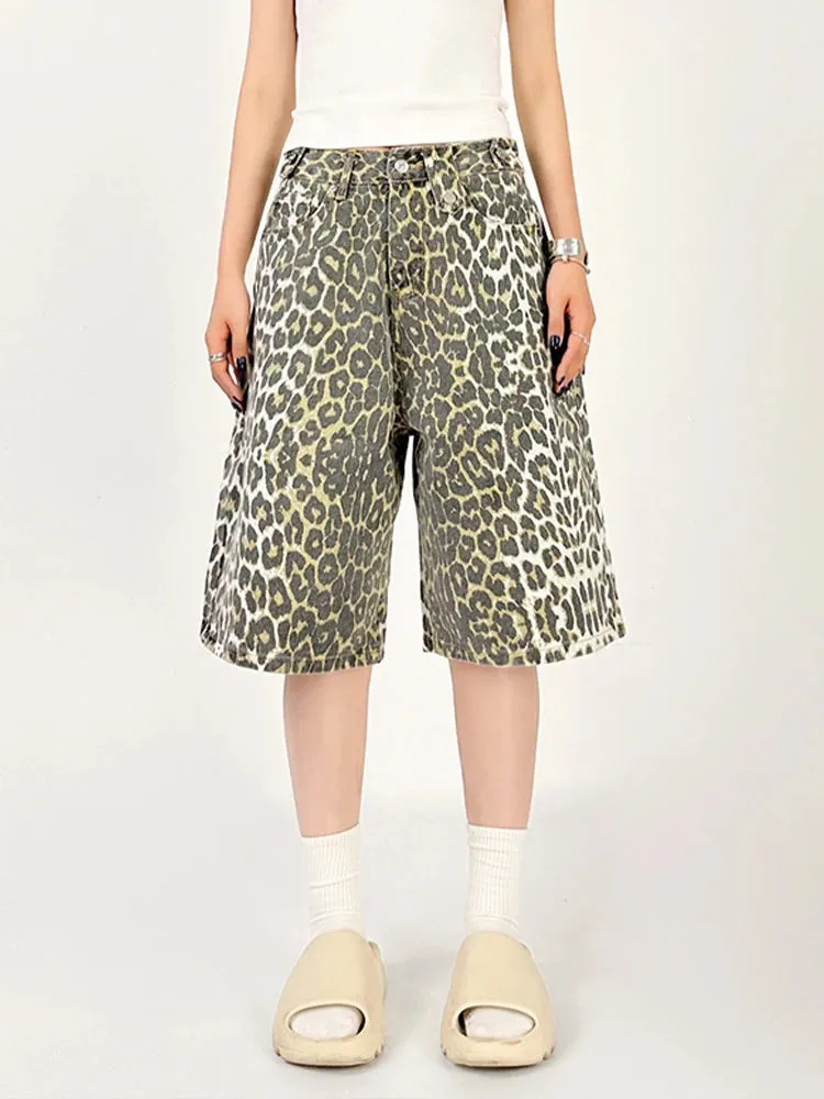 Women Leopard Print Jean Shorts High Waist Vintage Straight Pants Streetwear Y2K Wide Leg Denim Trouser