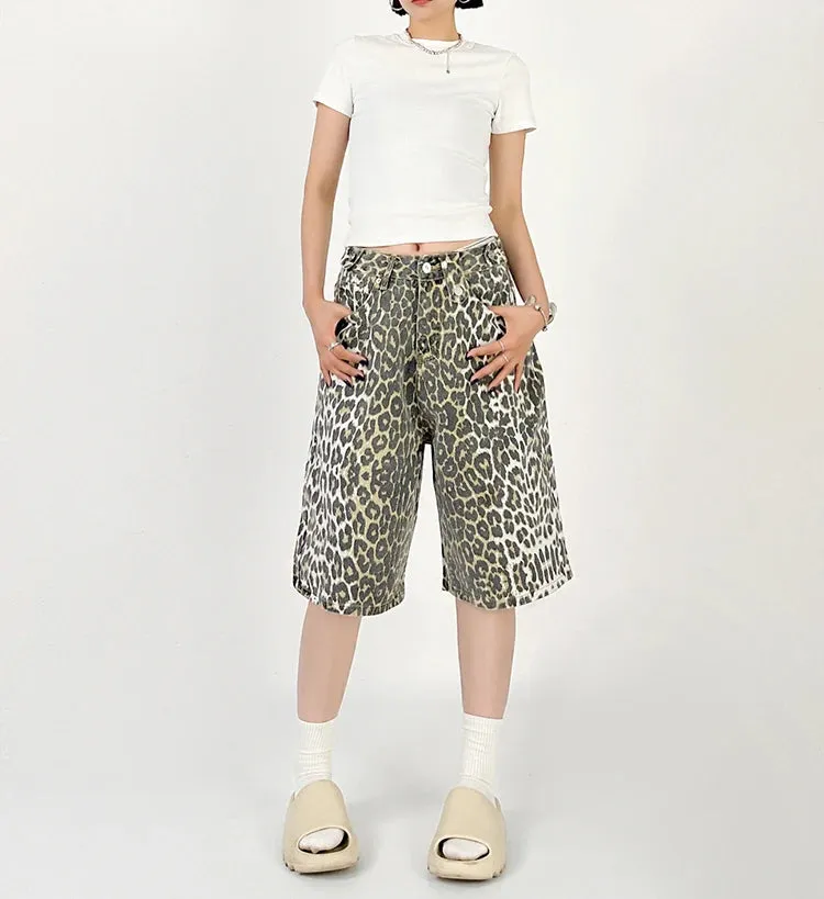 Women Leopard Print Jean Shorts High Waist Vintage Straight Pants Streetwear Y2K Wide Leg Denim Trouser