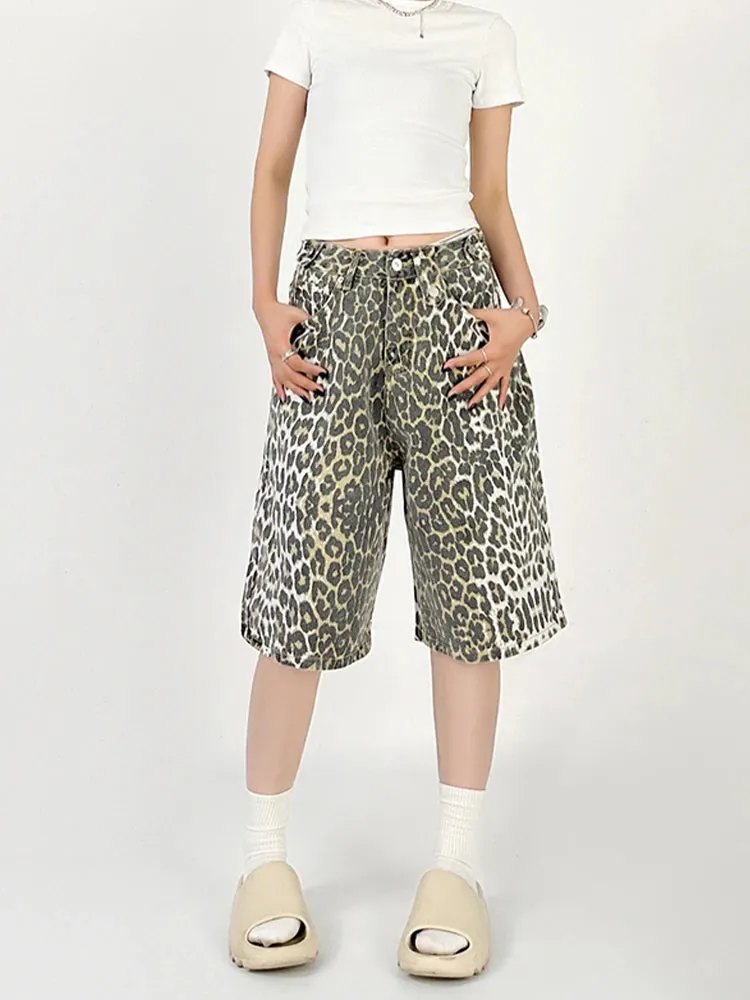 Women Leopard Print Jean Shorts High Waist Vintage Straight Pants Streetwear Y2K Wide Leg Denim Trouser
