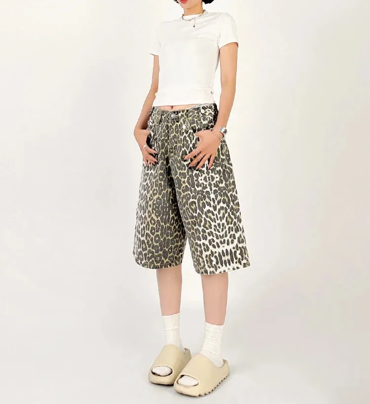 Women Leopard Print Jean Shorts High Waist Vintage Straight Pants Streetwear Y2K Wide Leg Denim Trouser