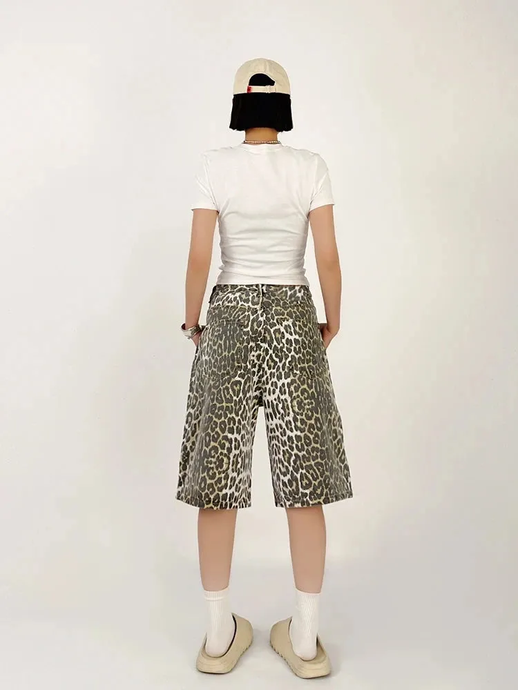 Women Leopard Print Jean Shorts High Waist Vintage Straight Pants Streetwear Y2K Wide Leg Denim Trouser