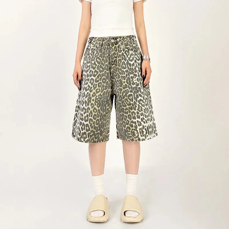 Women Leopard Print Jean Shorts High Waist Vintage Straight Pants Streetwear Y2K Wide Leg Denim Trouser
