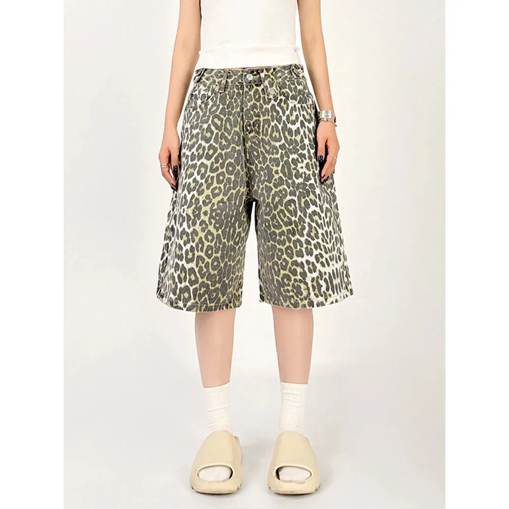 Women Leopard Print Jean Shorts High Waist Vintage Straight Pants Streetwear Y2K Wide Leg Denim Trouser