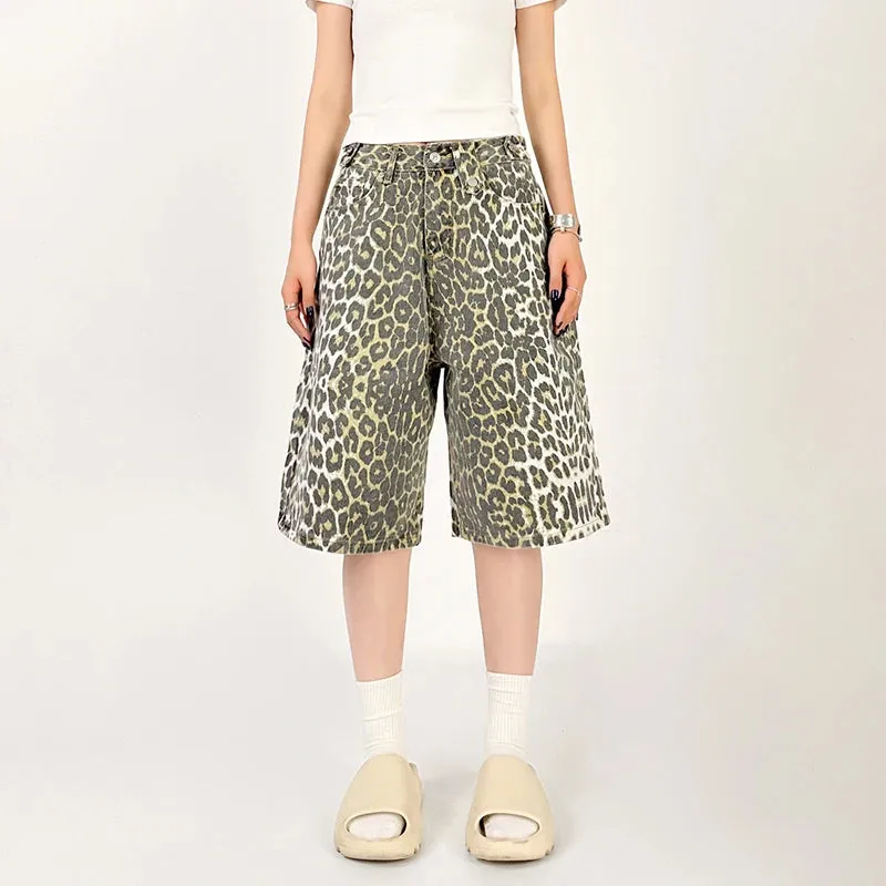 Women Leopard Print Jean Shorts High Waist Vintage Straight Pants Streetwear Y2K Wide Leg Denim Trouser