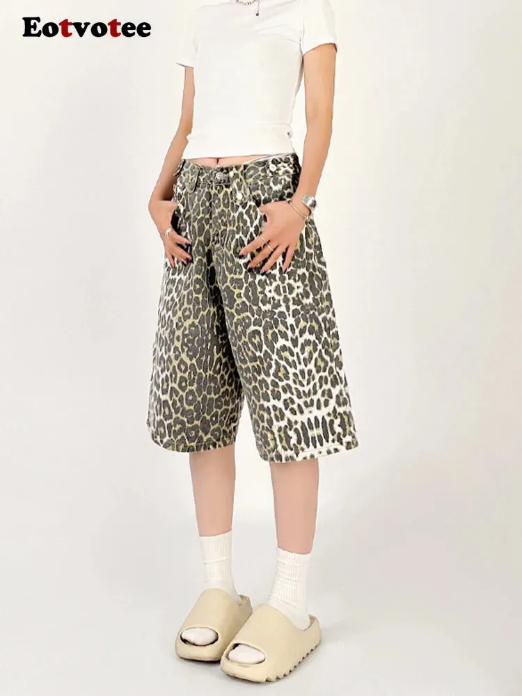 Women Leopard Print Jean Shorts High Waist Vintage Straight Pants Streetwear Y2K Wide Leg Denim Trouser