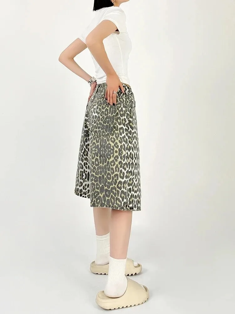 Women Leopard Print Jean Shorts High Waist Vintage Straight Pants Streetwear Y2K Wide Leg Denim Trouser