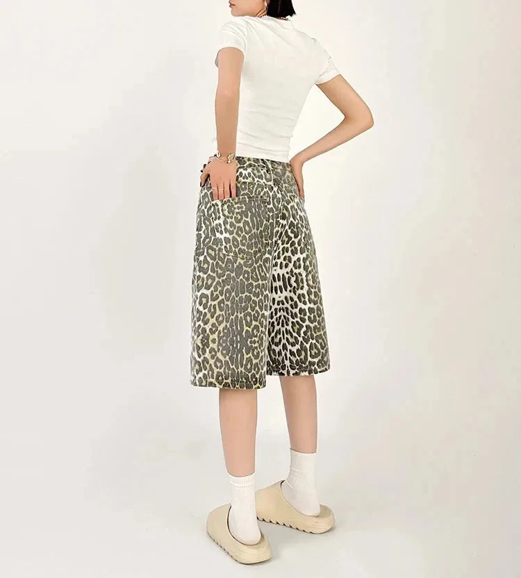 Women Leopard Print Jean Shorts High Waist Vintage Straight Pants Streetwear Y2K Wide Leg Denim Trouser