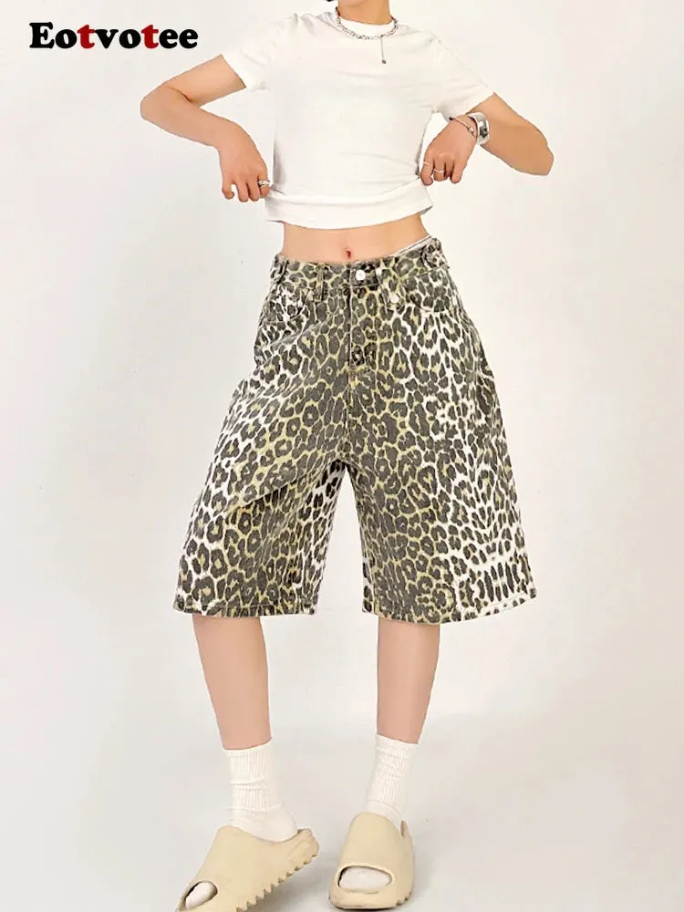 Women Leopard Print Jean Shorts High Waist Vintage Straight Pants Streetwear Y2K Wide Leg Denim Trouser
