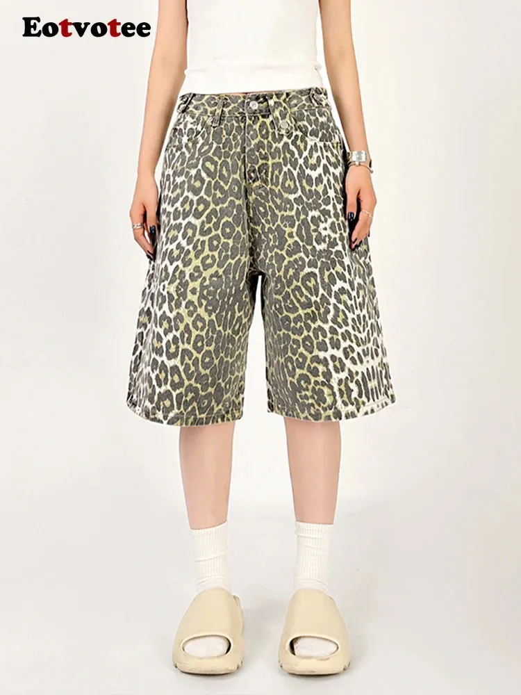 Women Leopard Print Jean Shorts High Waist Vintage Straight Pants Streetwear Y2K Wide Leg Denim Trouser