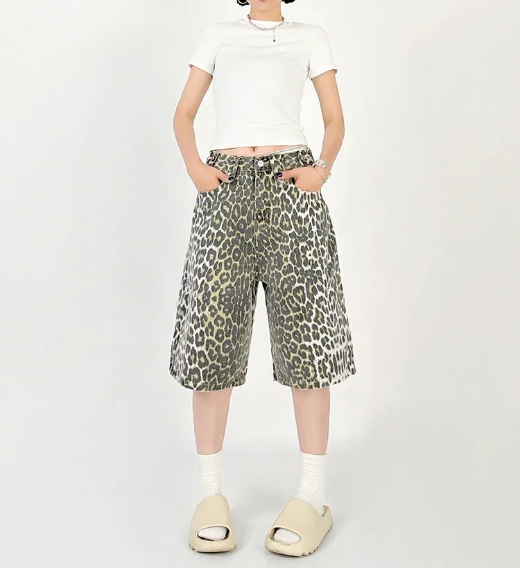 Women Leopard Print Jean Shorts High Waist Vintage Straight Pants Streetwear Y2K Wide Leg Denim Trouser