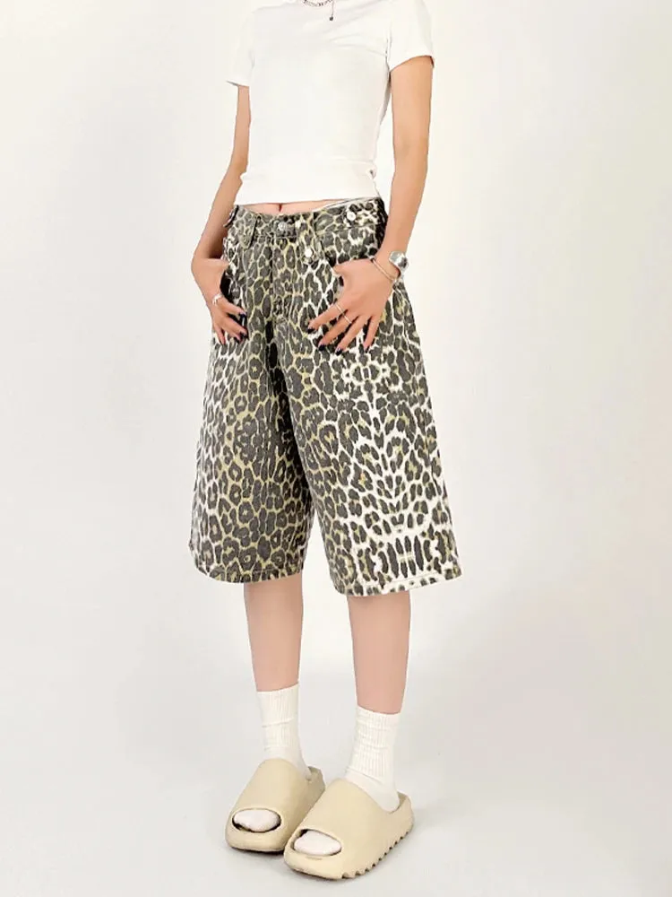 Women Leopard Print Jean Shorts High Waist Vintage Straight Pants Streetwear Y2K Wide Leg Denim Trouser