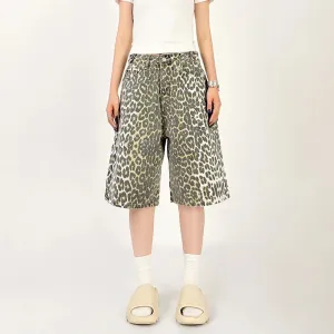 Women Leopard Print Jean Shorts High Waist Vintage Straight Pants Streetwear Y2K Wide Leg Denim Trouser