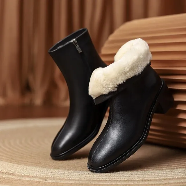 Women Wool Genuine Leather Ankle Boots