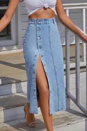Women's Buttoned Split Denim Skirt