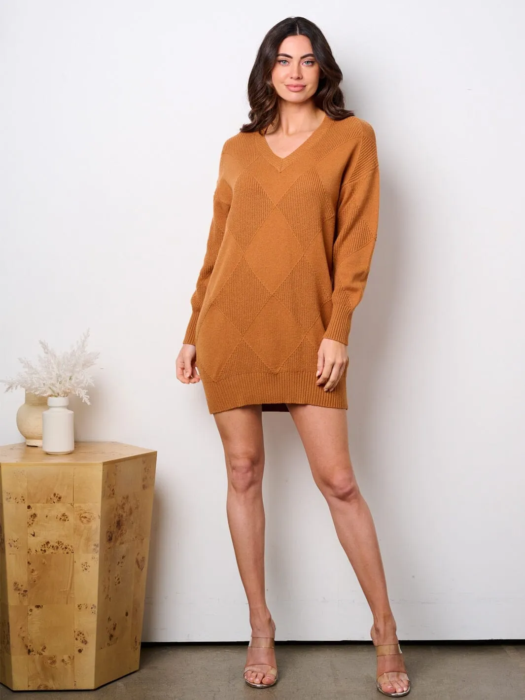 WOMEN'S LONG SLEEVE V-NECK KNIT SWEATER MINI DRESS