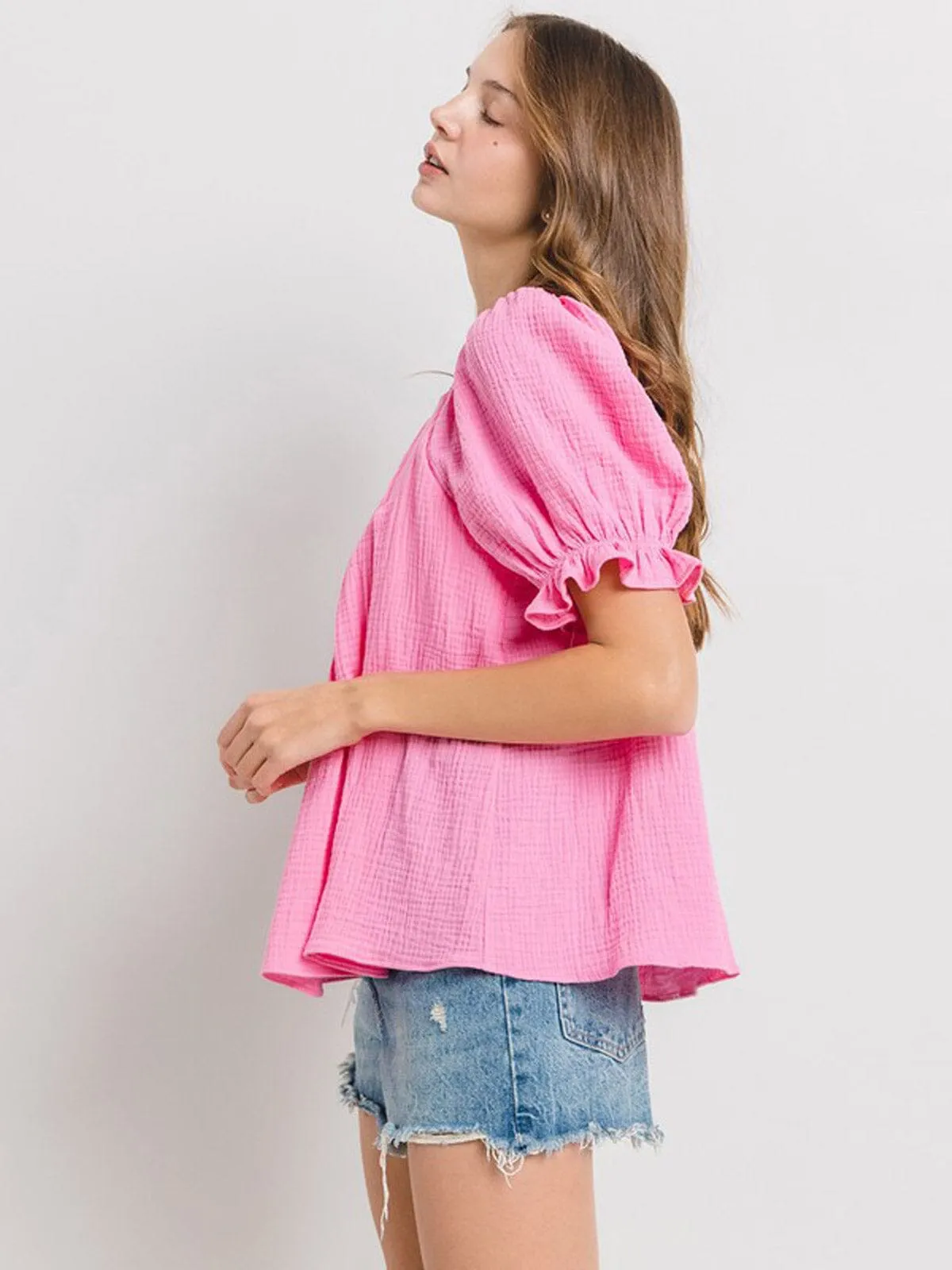 WOMEN'S SHORT PUFF SLEEVE TUNIC BLOUSE TOP