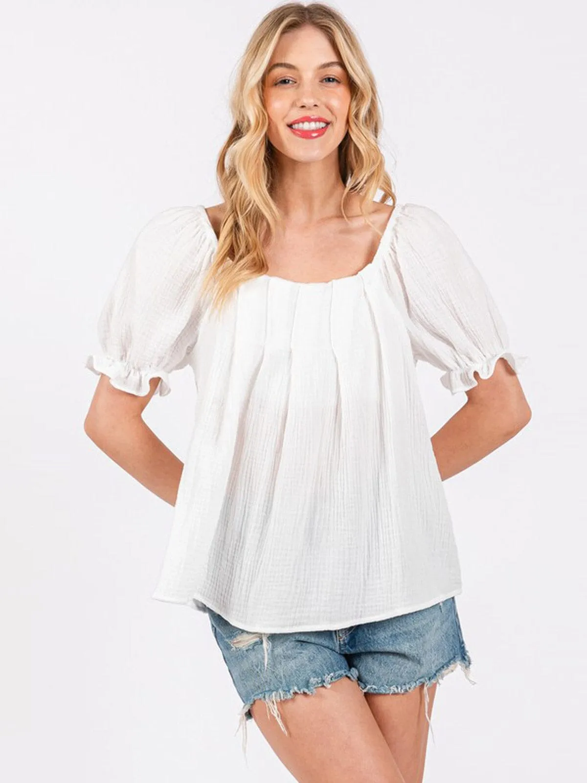 WOMEN'S SHORT PUFF SLEEVE TUNIC BLOUSE TOP