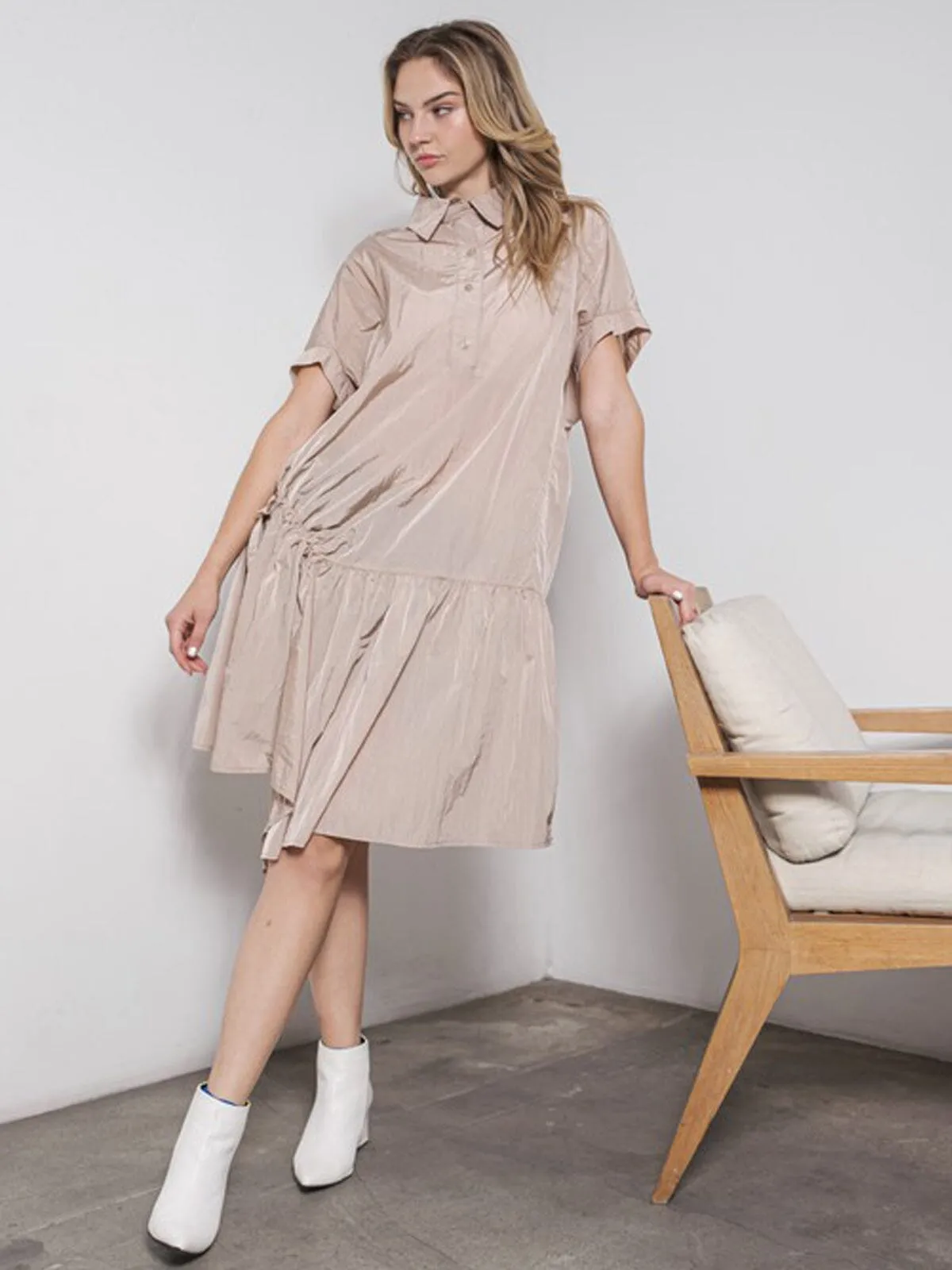 WOMEN'S SHORT SLEEVE BUTTON UP FIT & FLARE MINI DRESS