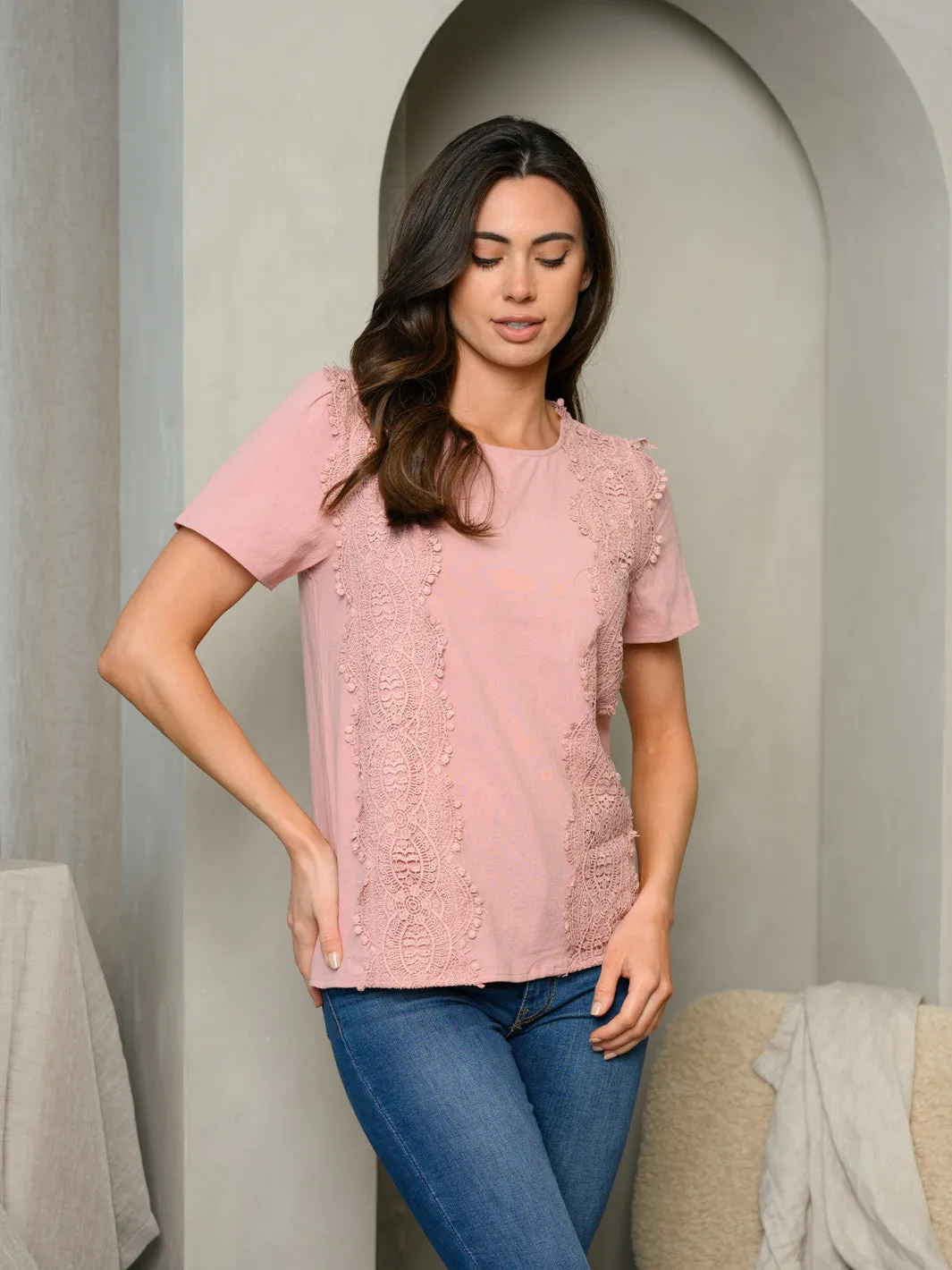 WOMEN'S SHORT SLEEVE CROCHET DETAIL TOP