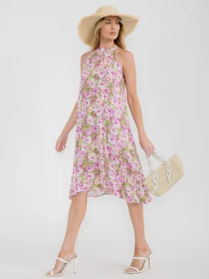 WOMEN'S SLEEVELESS HALTER NECK TUNIC FLORAL MIDI DRESS