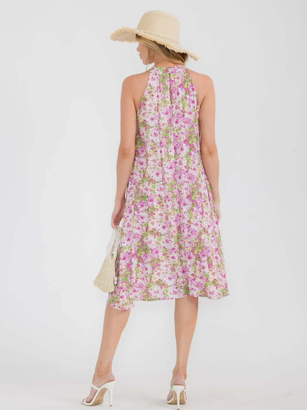 WOMEN'S SLEEVELESS HALTER NECK TUNIC FLORAL MIDI DRESS