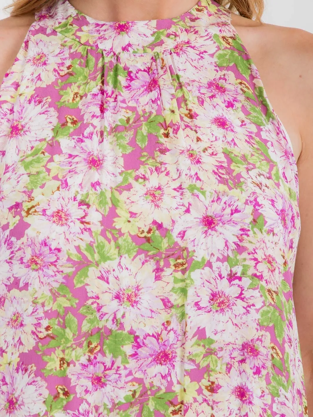 WOMEN'S SLEEVELESS HALTER NECK TUNIC FLORAL MIDI DRESS