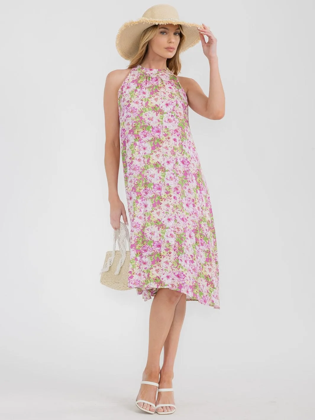 WOMEN'S SLEEVELESS HALTER NECK TUNIC FLORAL MIDI DRESS
