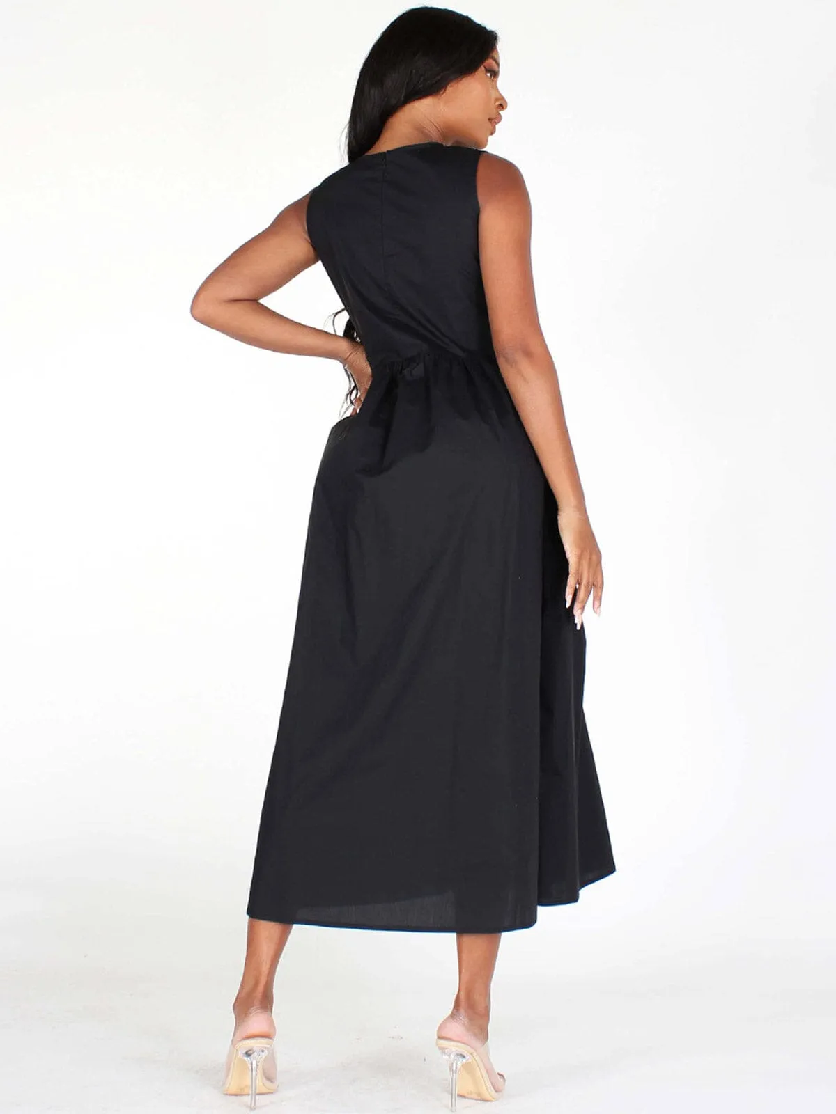 WOMEN'S SLEEVELESS POCKETS  FIT & FLARE MIDI DRESS