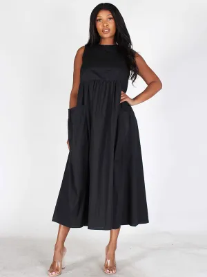 WOMEN'S SLEEVELESS POCKETS  FIT & FLARE MIDI DRESS